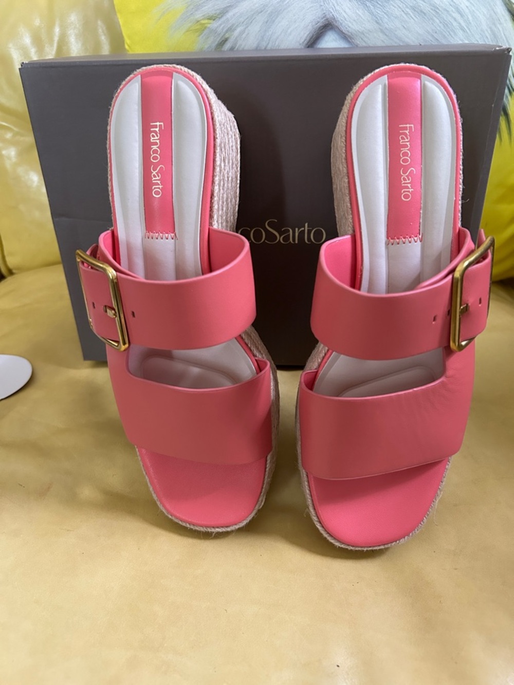 Franco Sarto Pink Coral Double-Band Slide Mules with Gold Buckle